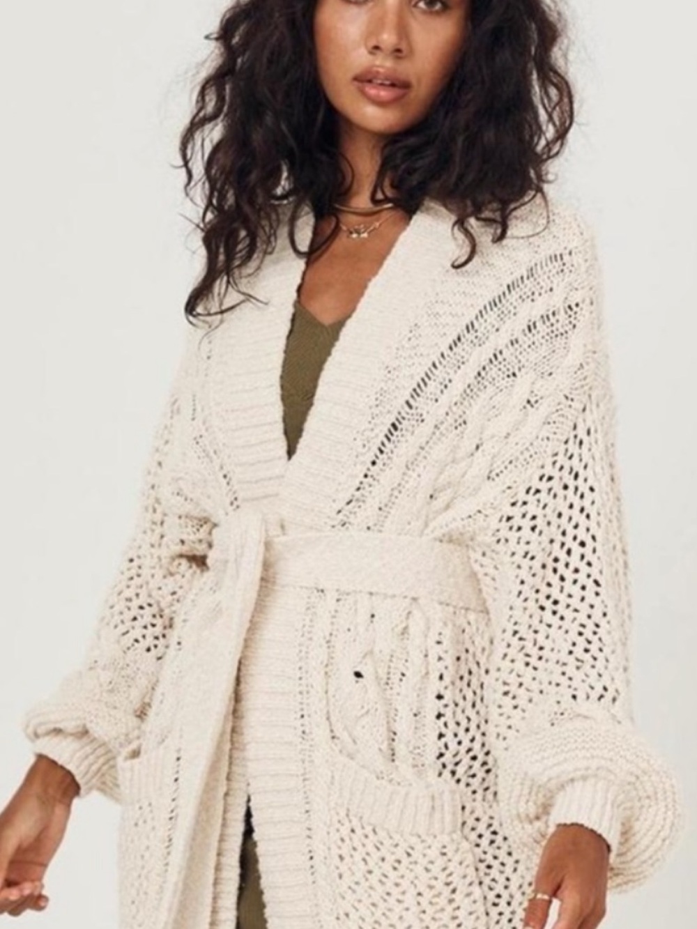 Spell Taletha Cream Cable-Knit Belted Cardigan EUC M/L